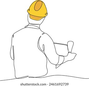 One line drawing of a young master builder with documentation. Construction designer concept. Vector illustration of continuous line drawing. Without artificial intelligence