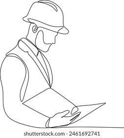 One line drawing of a young master builder with documentation. Construction designer concept. Vector illustration of continuous line drawing. Without artificial intelligence