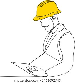 One line drawing of a young master builder with documentation. Construction designer concept. Vector illustration of continuous line drawing. Without artificial intelligence