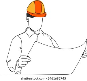 One line drawing of a young master builder with documentation. Construction designer concept. Vector illustration of continuous line drawing. Without artificial intelligence