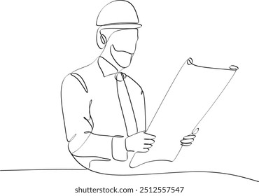 One line drawing of a young master builder with documentation. Construction designer concept. Vector illustration of continuous line drawing. Without artificial intelligence