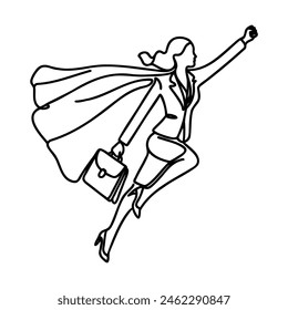 One line drawing of a young smart business woman flying high to achieve a goal. Minimal business sales growth concept