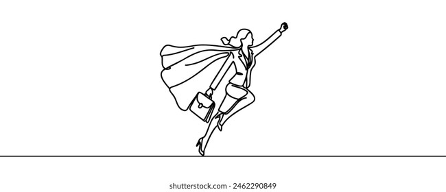 One line drawing of a young smart business woman flying high to achieve a goal. Minimal business sales growth concept