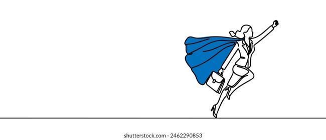 One line drawing of a young smart business woman flying high to achieve a goal. Minimal business sales growth concept