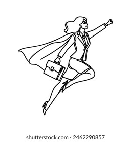 One line drawing of a young smart business woman flying high to achieve a goal. Minimal business sales growth concept