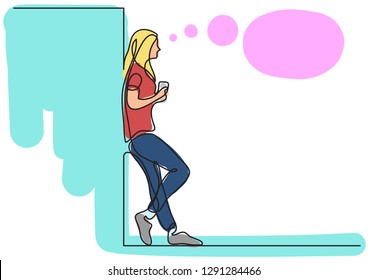 one line drawing of young woman standing thinking