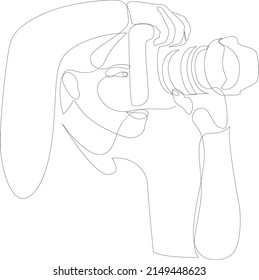 One Line Drawing Of Young Woman With DSLR Camera. Female Photographer, Photojournalist. Vector Illustration