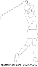 One line drawing young woman golf player swing golf club and hit the ball. Sport concept. Professional golf tournament. Continuous line graphic design. Vector illustration.