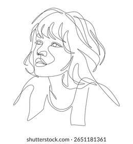 Um desenho de linha de uma jovem mulher com cabelo ondulado curto e franjas. Estilo de arte de linha contínua minimalista, retrato feminino expressivo e moderno. Para design de moda, cartaz de beleza