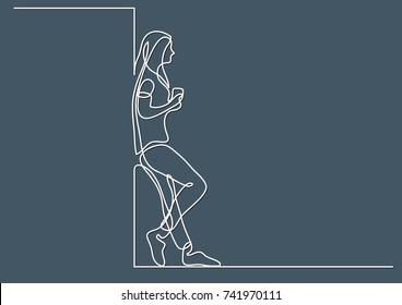 one line drawing of young woman standing thinking