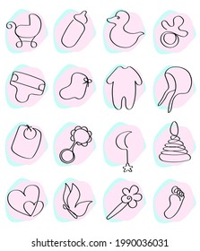 One Line Drawn Baby Supplies Icons On A Light Pink And Light Blue Background