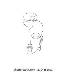 One line drawn buddha head. Symbol of Buddhism, Yoga, Hinduism, Spirituality. Buddha line art. Black and white vector illustration.