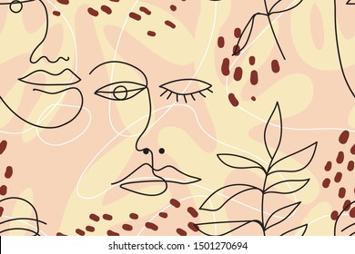 One line drawn faces. Minimal elegant seamless vector pattern