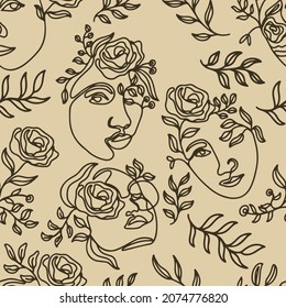 One line drawn flower face seamless pattern