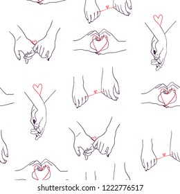 One line drawn holding hands. Saint Valentine's day vector seamless pattern