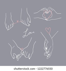 One line drawn holding hands. Saint Valentine's day vector set. Grey background. All elements are isolated