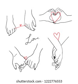 One line drawn holding hands. Saint Valentine's day vector set. All elements are isolated