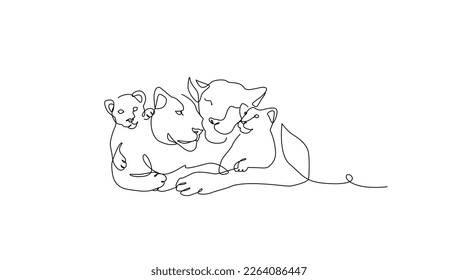 One line drawn lions family. Safari animals illustration. Vector cats drawing. Animal art. Minimalist animal silhouette. Lions for print. Wildlife animal.