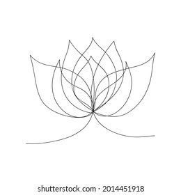 One line drawn lotus flower. Symbol of Buddhism, Yoga, Hinduism, Spirituality. Yoga mudra. Black and white vector illustration.