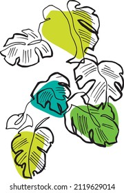 one line drawn monstera plant. hand drawn tropical leaves. continuous line art.