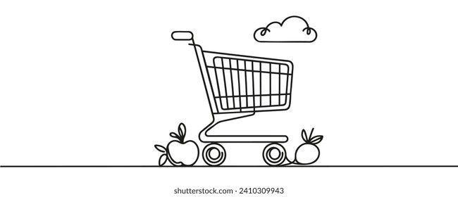 One line drawn shopping cart. Vector illustration