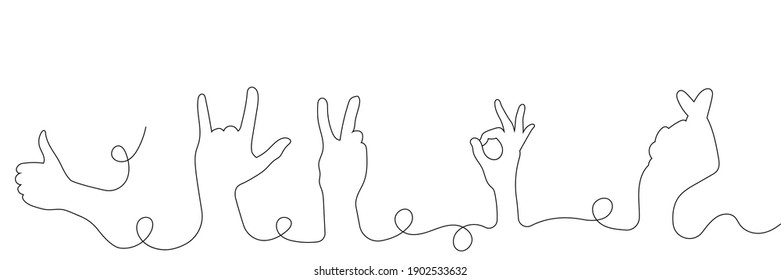 One line drawn signs with hands: ok, rock'n'roll (goat), victory, Korean love sign (heart). Vector illustration.