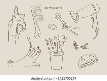 One line drawn style illustrations of home beauty care tools set.