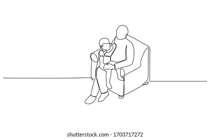 One line drawn vector of a grand father is reading a story book for his grand son 