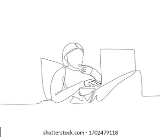 One line drawn vector of a woman working from her home using a laptop while lying on the bed
