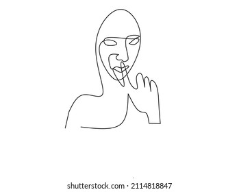 Eine Linie zieht ein Gesicht. Moderne minimalistische Kunst, ästhetische Konturen. Portrait von abstrakter Frau in minimalistischen Stil Zeigefinger Schließlippen. kontinuierliche Vektorgrafik