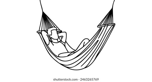 One line draws a young guy lying in a hammock. Comfort and relaxation