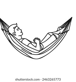 One line draws a young guy lying in a hammock. Comfort and relaxation