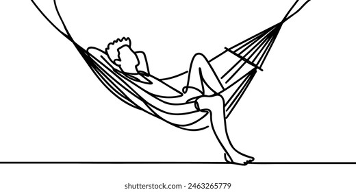 One line draws a young guy lying in a hammock. Comfort and relaxation