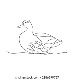 One line Duck and ducklings. Continuous line drawing. Isolated sketch on white background. Vector illustration