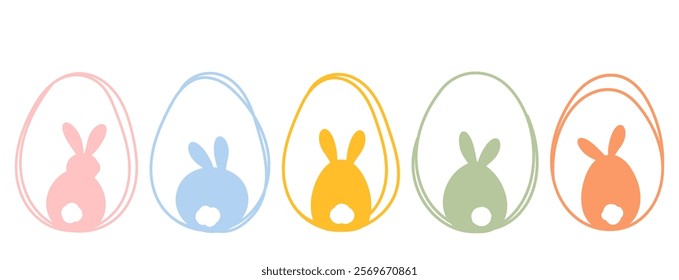 One line Easter eggs set and cute bunny rabbit cartoons. Flat design vector.