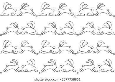 One Line Easter wrapping paper template design. Simple Line art style wrap paper. Happy Easter continuous Line background with Easter Bunny.