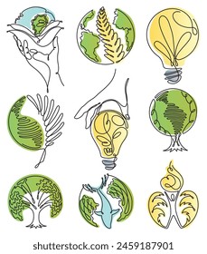 One line eco world icon set. Single one line drawing of hands hold round earth. Globe icon silhouette for world protect concept. Climate concept art. Design vector graphic illustration