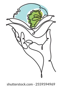 One line eco world. Single one line drawing of hands hold round earth. Globe icon silhouette for world protect concept. Climate concept art. Design vector graphic illustration