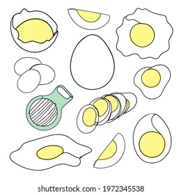 One line eggs set. Scrambled, broken, sliced, egg cutter. Black lines with yellow color. Vector illustration. 