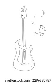 One line Electric guitar illustration with notes. rock Music band instrument line art. steel guitar logo icons vector design. 