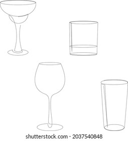 One Line Empty Cocktail Glass Set. Margarita, Old Fashioned Glass Or Rocks, Wineglass And Highball Or Tumbler. Drinks Menu One Stroke Design. Vector Illustration.