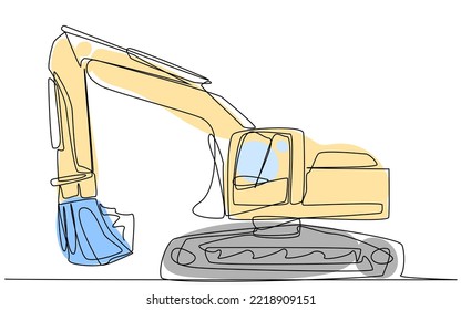 One line excavator with a blue and yellow silhouette on a white background. The concept of digging earth at a construction site. Cartoon transport for earthworks. Vector illustration of a machine with