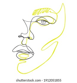 One line face art vector illustration. Continuous line drawing. Abstract woman portrait. Surreal Female linear contour isolated on white. Minimal outline silhouette. Black and yellow.