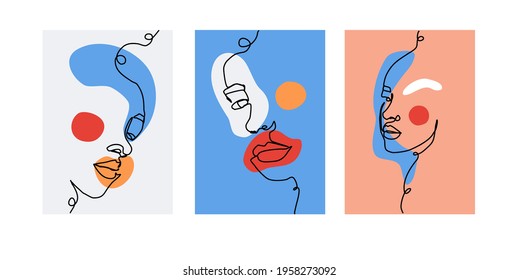 One line face collection on abstract background. Templates for social media, cards, posters 