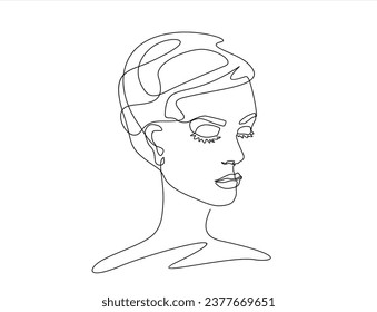 One line face. Continuous linear sketch woman face. Female portrait black white artwork outline vector hand drawn illustration. Modern art girl head for beauty salon logo. Hand drawn one line vector. 