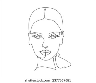 One line face. Continuous linear sketch woman face. Female portrait black white artwork outline vector hand drawn illustration. Modern art girl head for beauty salon logo. Hand drawn one line vector. 