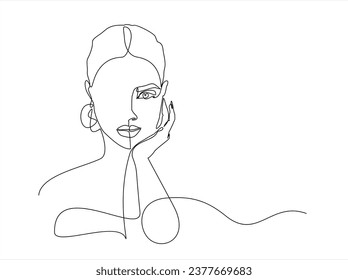  One line face. Continuous linear sketch woman face. Female portrait black white artwork outline vector hand drawn illustration. Modern art girl head for beauty salon logo. Hand drawn one line vector.