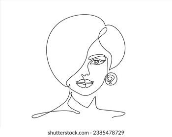One line face. Continuous linear sketch woman face. Female portrait black white artwork outline vector hand drawn illustration. Modern art girl head for beauty salon logo. Hand drawn one line vector. 