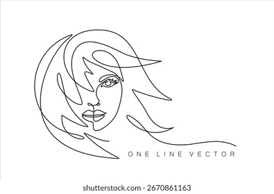 One line face. Continuous linear sketch woman face. Female portrait black white artwork outline vector hand drawn illustration. Modern art girl head for beauty salon logo. Hand drawn one line vector.