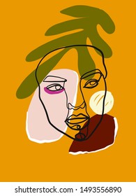 One line face drawing with abstract colors elements. Creative contemporary art